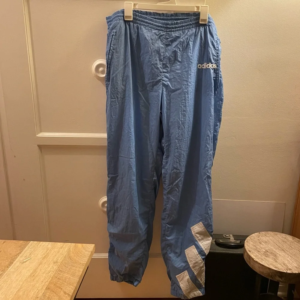 Vintage 90s Adidas Nylon Blue Men's Track Pants with All Countries Flag Tag - L